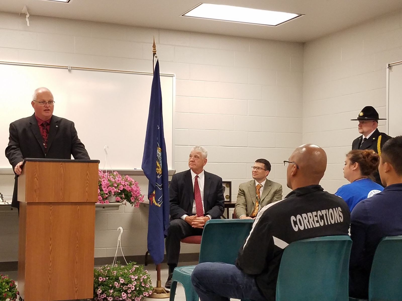 Warden Bill Bechtold addresses Correction officers and employees at the Corrections Officers and Employees Apprecitation Week celebration and service.