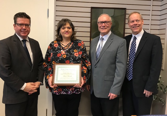 The Franklin County Commissioners on behalf of the STAR Committee (Special Thanks And Recognition) proudly present the Employee of the Month award to Ms. Stacie Horvath. Above image: Commissioner Chairman Dave Keller, Human Services Administrator Stacie Horvath, Commissioner Bob Thomas, and Commissioner Bob Ziobrowski