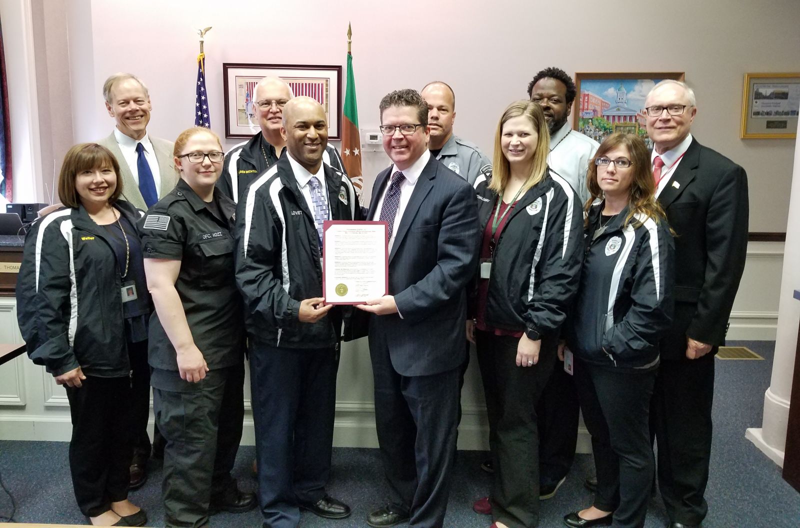 Proclamation declaring the week of May 13-19 as Correctional Officers and Employees Week in Franklin County. Pictured above: (back row from left) Commissioner Bob Ziobrowski, Warden Bill Bechtold, Correctional Officer Robert Fink, Deputy Warden James Sullen, Commissioner Bob Thomas; (front row from left) Deputy Warden Michelle Weller, Correctional Officer Sara Holtz, Records Specialist Lamont Lovett, Commissioner Chairman Dave Keller, Correctional Treatment Specialist Danielle Haldaway, and Correctional Treatment Specialist Deanna Park