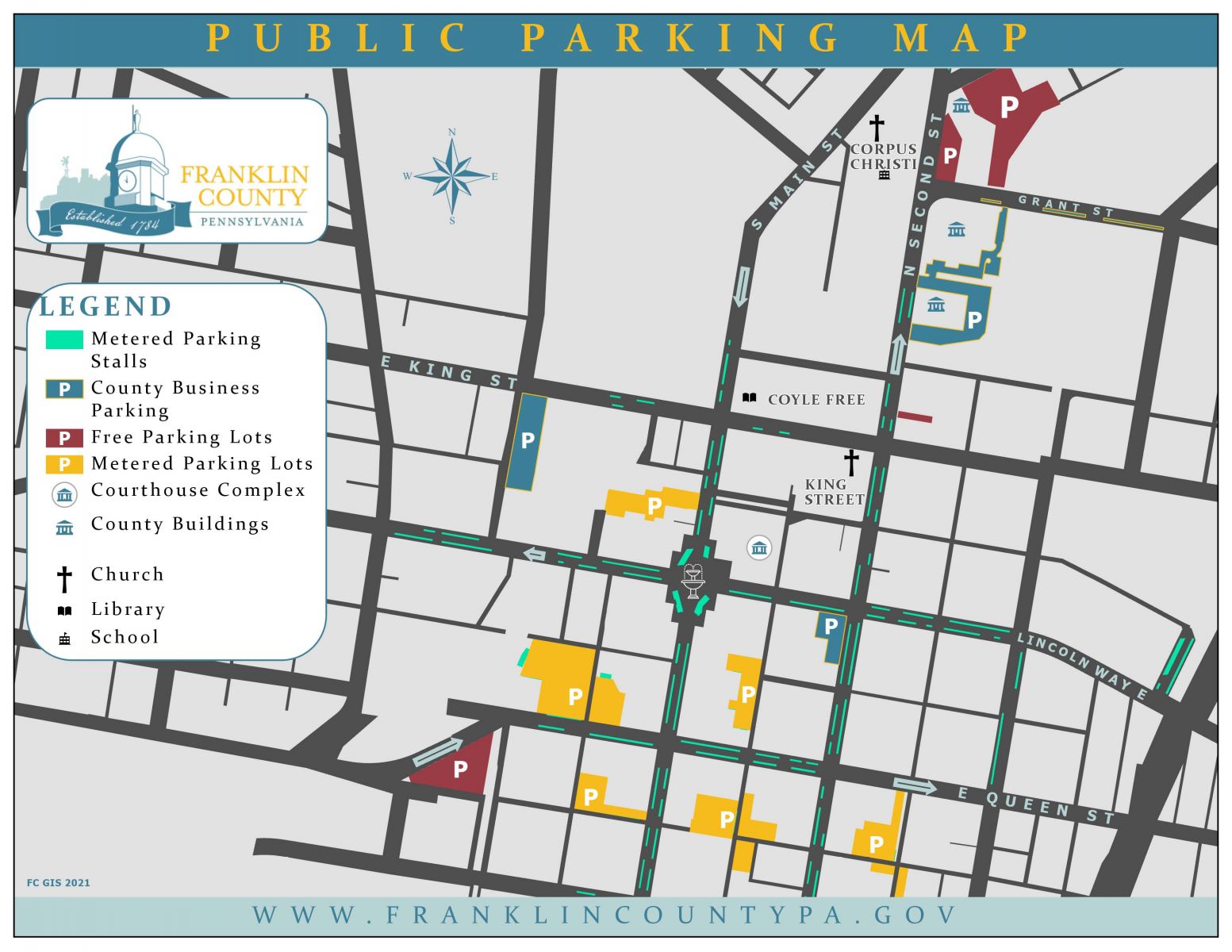 Public parking map showing parking lots, roads, landmarks and courthouse