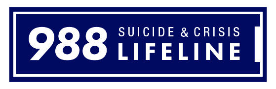 The image shows a logo with "988 Suicide & Crisis Lifeline" written in bold white letters on a blue background.