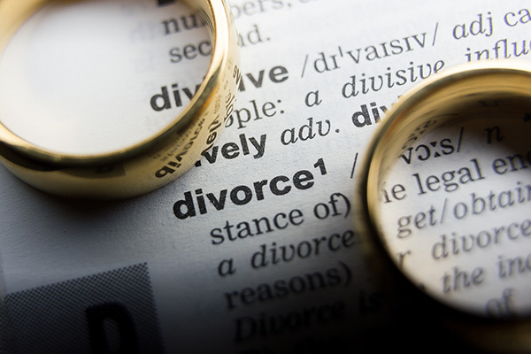 Two gold marriage rings sitting on top of a dictionary open to the word divorce.