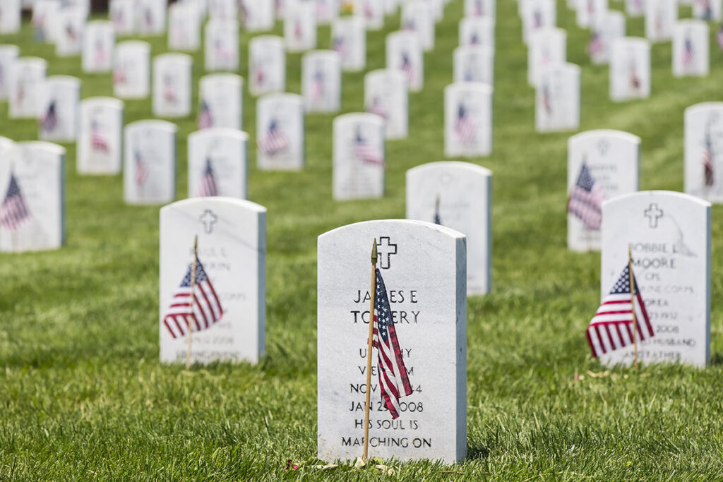 cemetery with veteran markers in front of the headstones