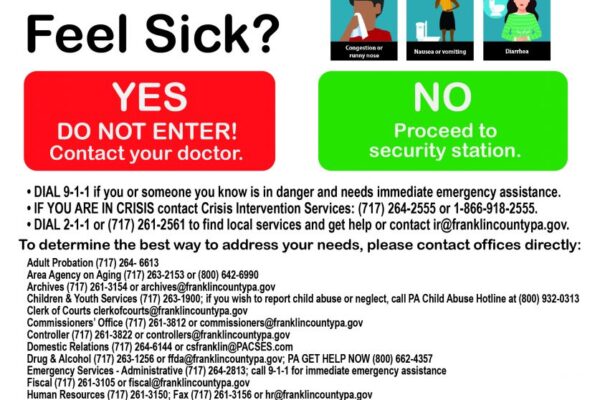 COVID-19 symptoms poster listing emergency contacts, instructions, and resources. Includes 'Feel Sick?' section with 'Yes' and 'No' guidelines.