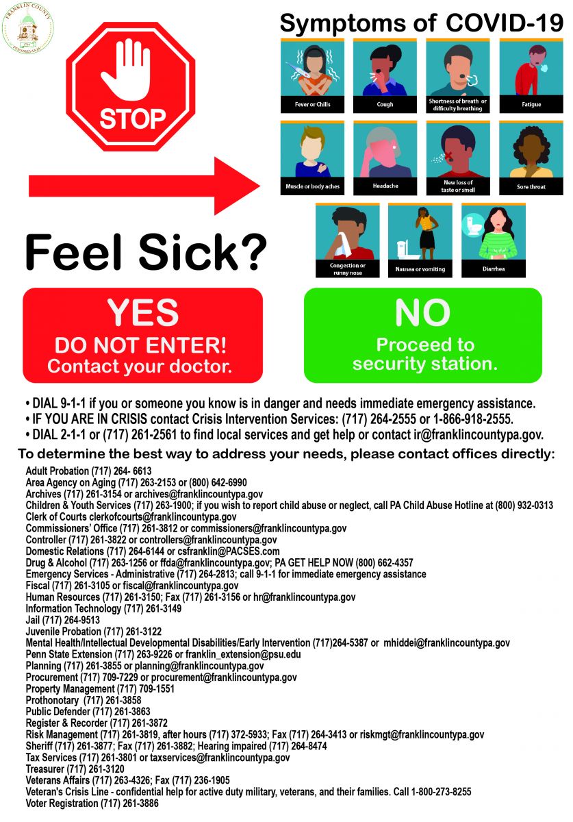 COVID-19 symptoms poster listing emergency contacts, instructions, and resources. Includes 'Feel Sick?' section with 'Yes' and 'No' guidelines.