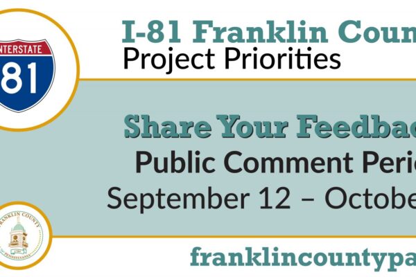 Graphic promoting public comment period for I-81 Franklin County project priorities, from September 12 to October 12. Includes logos and website franklincountypa.gov.