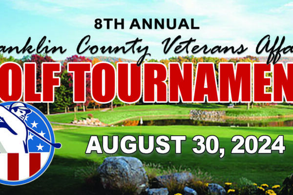 Flyer for the 8th Annual Franklin County Veterans Affairs Golf Tournament on August 30, 2024, featuring a golf course background and a logo with a golfer silhouette and stars.