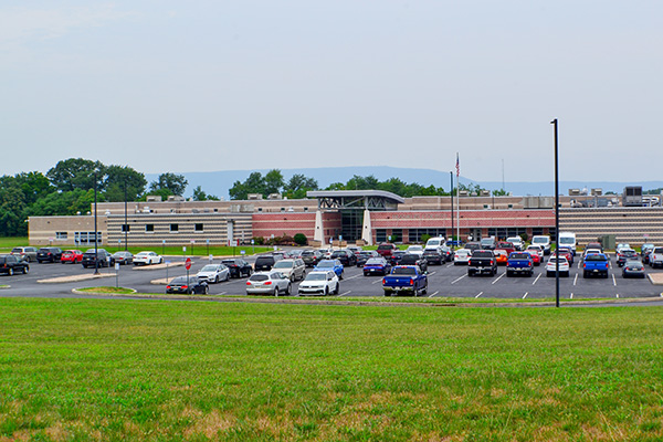 The exterior of the jail and parking lot