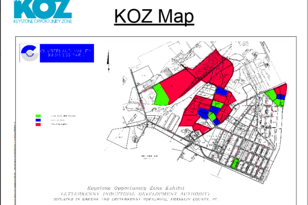 Map showing Keystone Opportunity Zone areas in different colors, indicating designated industrial zones in Sunbury and Upper Augusta Township, Northumberland County, PA.