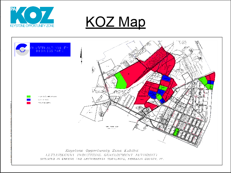 Map showing Keystone Opportunity Zone areas in different colors, indicating designated industrial zones in Sunbury and Upper Augusta Township, Northumberland County, PA.