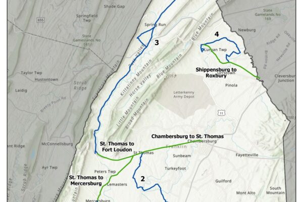 Map of Franklin County, Pennsylvania showing proposed fiber projects, including main routes from St. Thomas to Fort Loudon and Shippensburg to Roxbury, with optional backhaul routes.