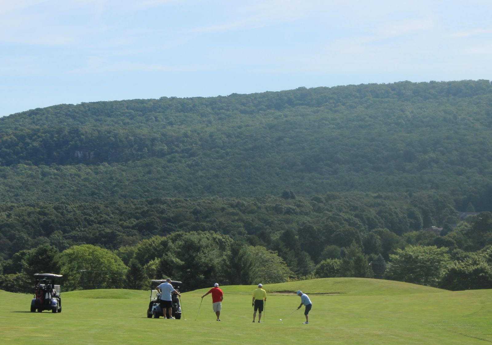 Four people on a golf course, with golf carts nearby, surrounded by green hills and a clear sky.