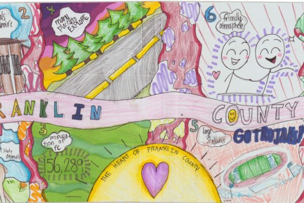 Colorful hand-drawn Franklin County map with landmarks, wildlife, family themes, and text like 