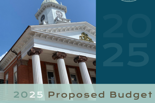 Cover of the 2025 Proposed Budget for Franklin County, PA, featuring an image of a historic building with white columns and a clock tower.